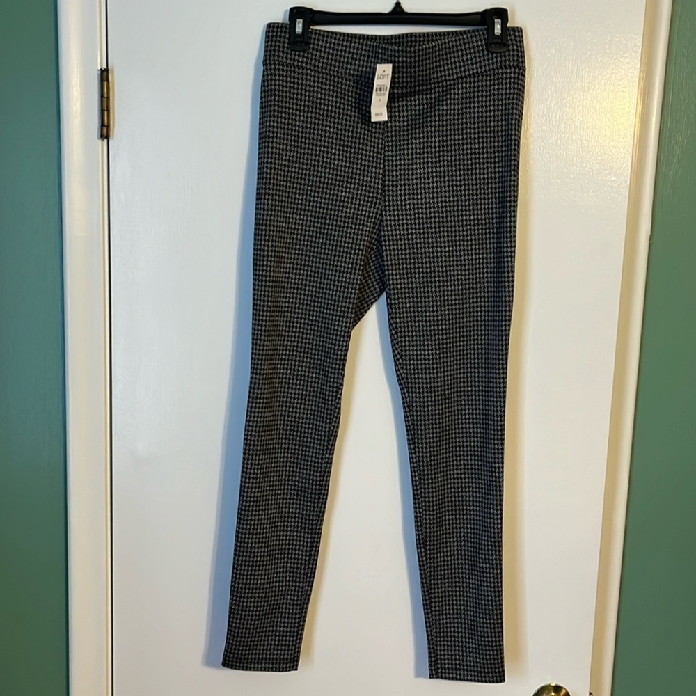 NWT LOFT Rayon Blend Houndstooth Silver and Black Skinny Leg Pant Small
